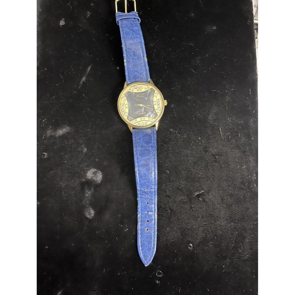 Ronica Gold Rhinestone Watch Blue Leather New Battery
